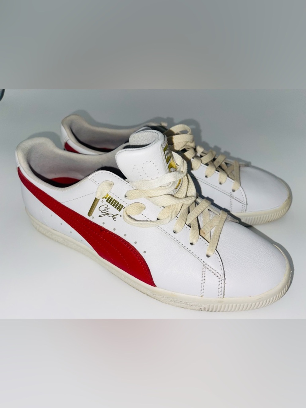 Puma Clyde White Leather Sneakers with Red Formstrip size 11
